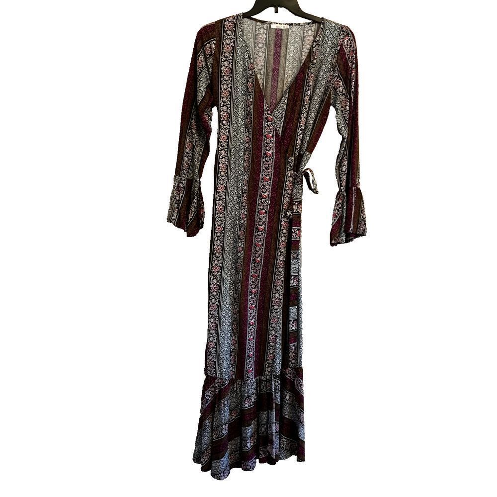 R. Vivimos Bohemian Womens Bell Sleeve Multicolor Maxi Wrap Dress Size M 8/10